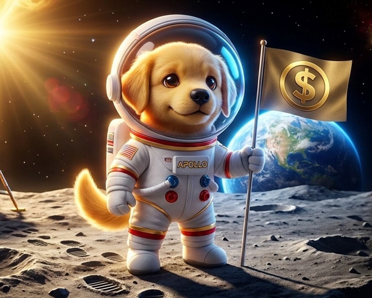 Apollo the puppy peeking through a rocket window with Earth in view